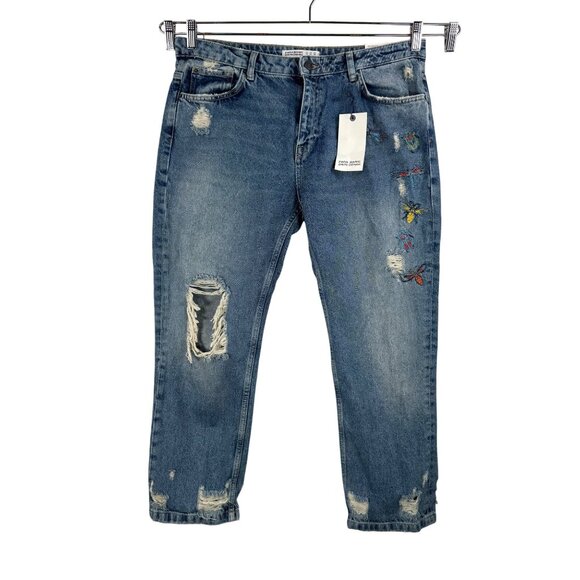 Zara Basic Z1975 Denim embroidered Cigarette Jeans sz 10 boho cropped - Picture 1 of 10